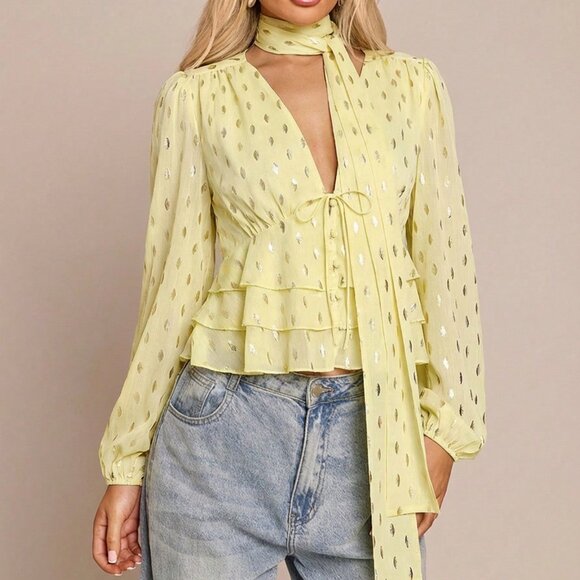 Yellow Elegant Women's Foil Print Blouse with Removable Ruffled Hem - Picture 5 of 7